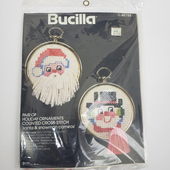 2 Bucilla Counted Cross Stitch Ornaments Kits Vintage 48788 48789 Santa Snowman - Picture 6 of 12